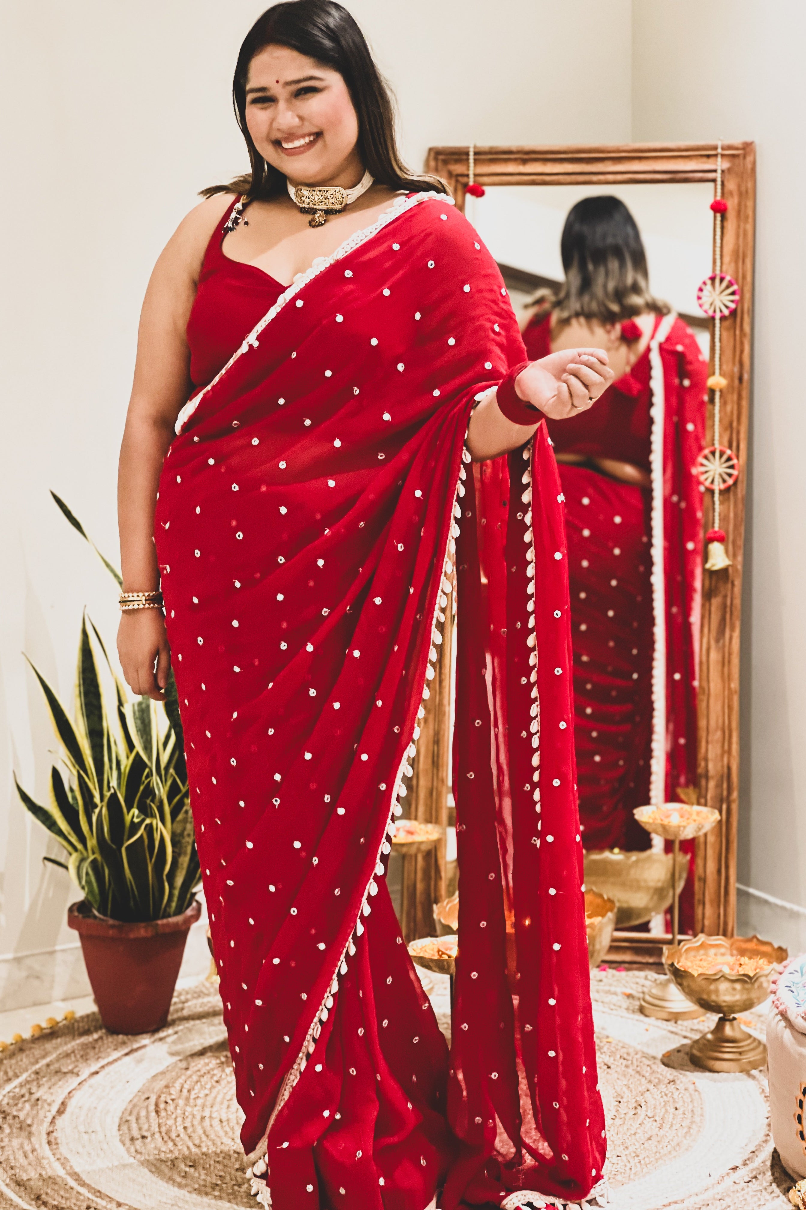 Diksha in red mirror shell saree